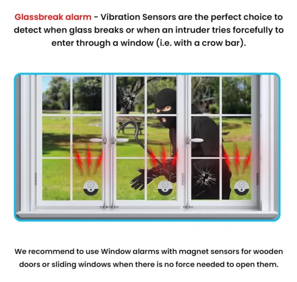 window alarm with vibration sensor loud 130db alarm & easy installation great to protect your home, office & rv from burglars triggers alarm when window gets smashed pack of 6, silver/black