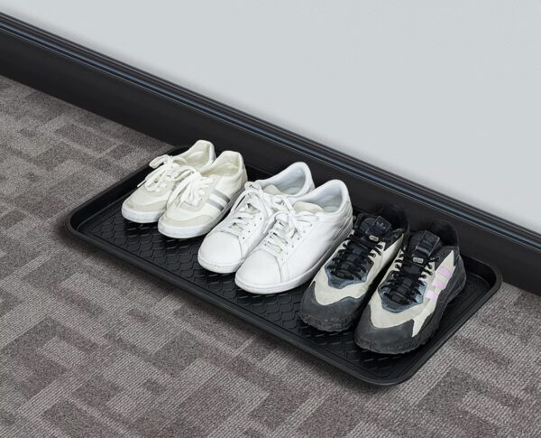 large all weather indoor/outdoor boot tray weather resistant plastic shoe mat with raised edge for entryways, decks, and patios by stalwart (black)