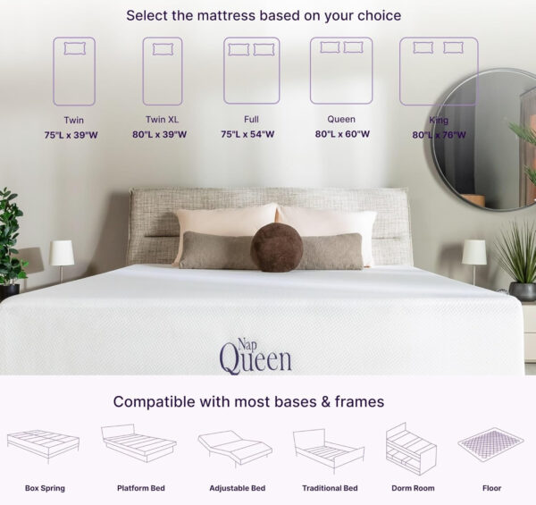 napqueen 8 inch queen size mattress, bamboo charcoal memory foam mattress, white