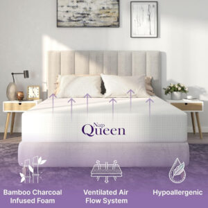 napqueen 8 inch queen size mattress, bamboo charcoal memory foam mattress, white