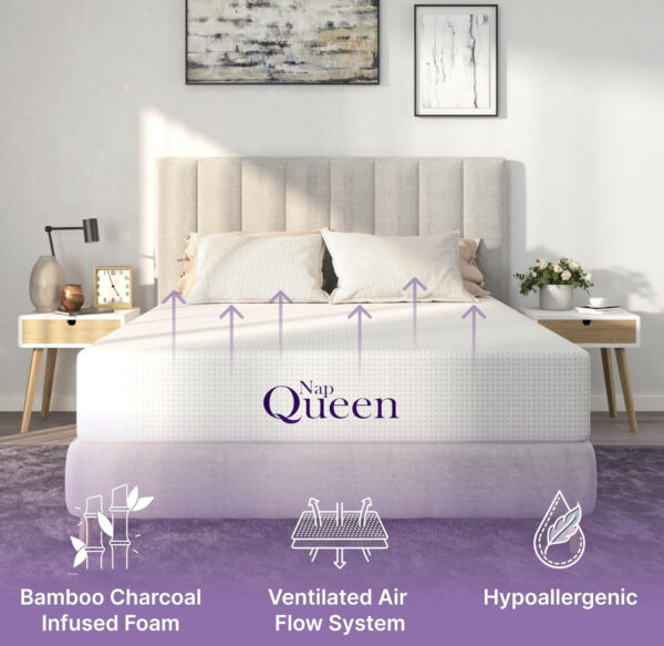 napqueen 8 inch queen size mattress, bamboo charcoal memory foam mattress, white