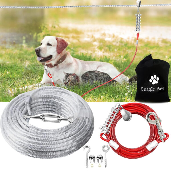 dog tie out runner for yard,trolley system for large dogs,heavy duty dog run cable 100ft with 10ft pulley runner line for dogs up to 125lbs,yard or camping