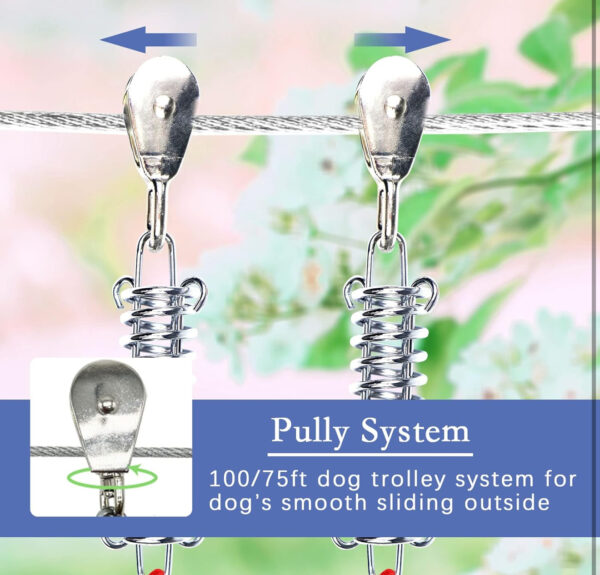 dog tie out runner for yard,trolley system for large dogs,heavy duty dog run cable 100ft with 10ft pulley runner line for dogs up to 125lbs,yard or camping