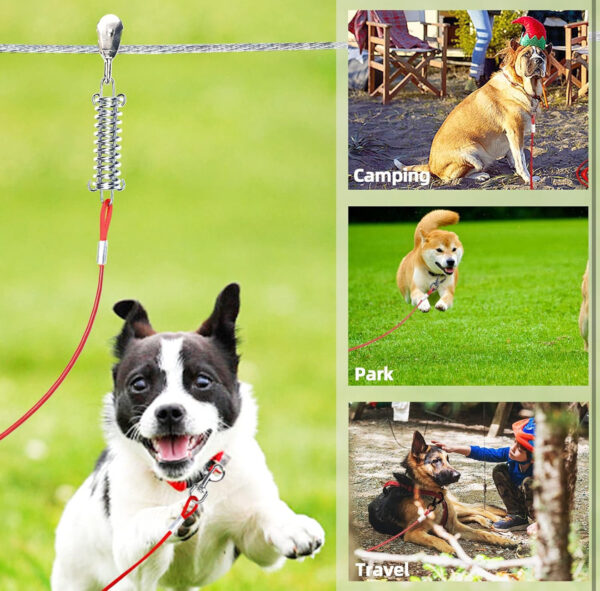 dog tie out runner for yard,trolley system for large dogs,heavy duty dog run cable 100ft with 10ft pulley runner line for dogs up to 125lbs,yard or camping