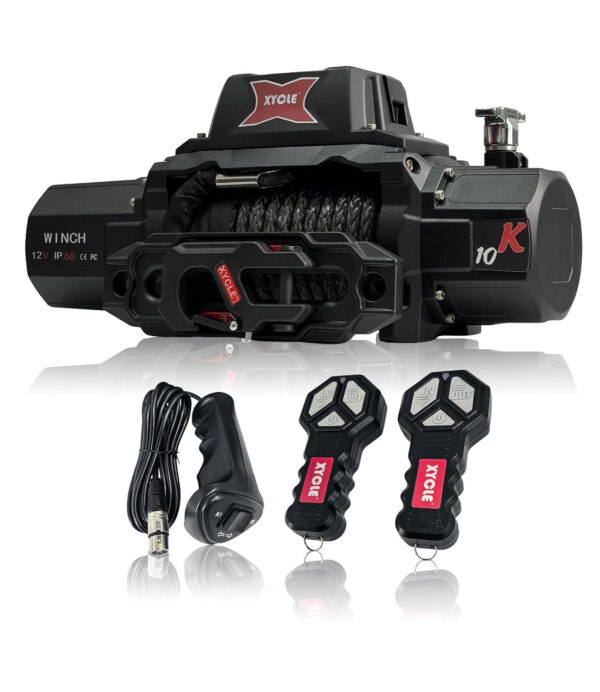 10000lbs electric winch 12v ip68waterproof off road vehicle rescue winchs with2wireless remote controls and1/2"synthetic rope suitable for towing suvs,loggers,trucks,trailers,jeeps,4wd(black)