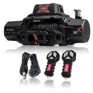 10000lbs electric winch 12v ip68waterproof off road vehicle rescue winchs with2wireless remote controls and1/2"synthetic rope suitable for towing suvs,loggers,trucks,trailers,jeeps,4wd(black)
