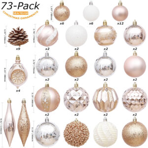 sea team set of 73 shatterproof christmas ball ornaments with reusable handheld gift box for christmas tree decoration, rose gold