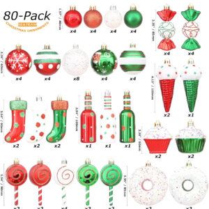 sea team – set of 80 shatterproof christmas ball ornaments, assorted decorative hanging ornaments with reusable gift box, for christmas tree (elf theme)